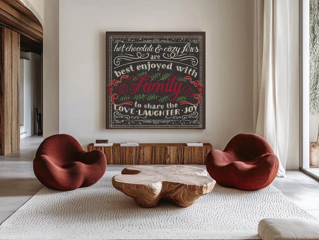 Winter Wonderland VII Brown Red by Janelle Penner. Shown as extra-large giant wall art in a modern living room. Available as an archival giclee rolled canvas, fine art paper, or poster print. SKU 37372a.