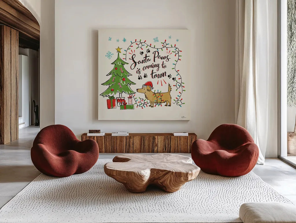 Winter Wooferland II by Janelle Penner. Shown as extra-large giant wall art in a modern living room. Available as an archival giclee rolled canvas, fine art paper, or poster print. SKU 36034a.