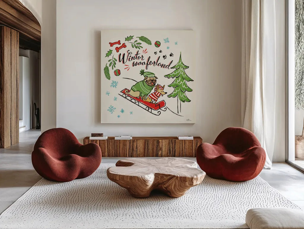 Winter Wooferland V by Janelle Penner. Shown as extra-large giant wall art in a modern living room. Available as an archival giclee rolled canvas, fine art paper, or poster print. SKU 36037a.