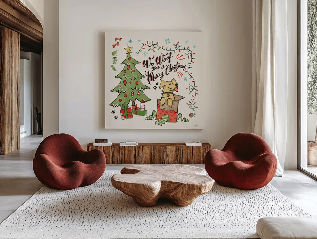 Winter Wooferland VI by Janelle Penner. Shown as extra-large giant wall art in a modern living room. Available as an archival giclee rolled canvas, fine art paper, or poster print. SKU 59149a.