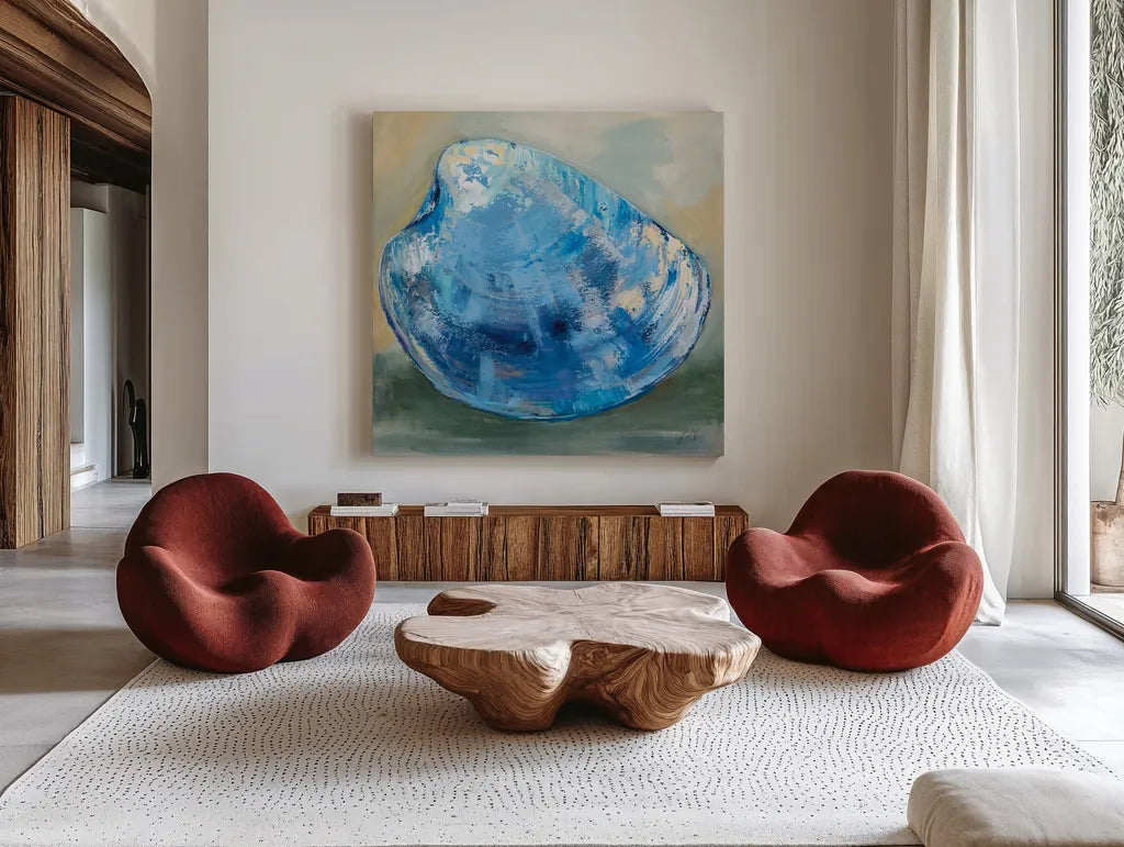 Beach Comber Dark Blue by Jeanette Vertentes. Shown as extra-large giant wall art in a modern living room. Available as an archival giclee rolled canvas, fine art paper, or poster print. SKU 79088a.