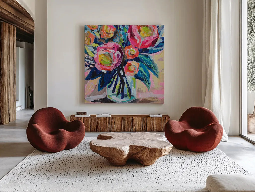 Because You Love Me by Jeanette Vertentes. Shown as extra-large giant wall art in a modern living room. Available as an archival giclee rolled canvas, fine art paper, or poster print. SKU 97007a.