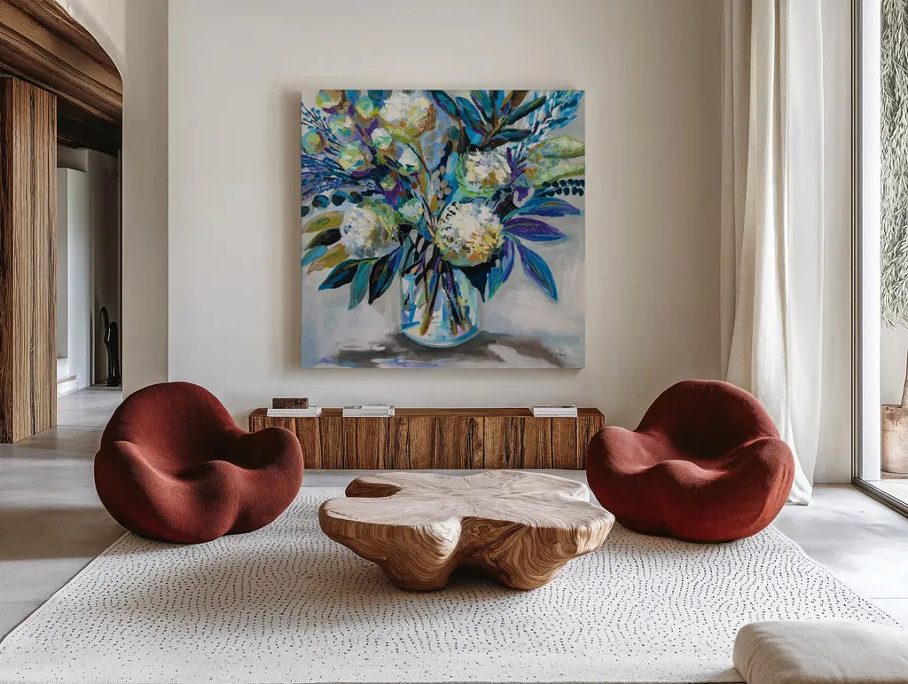 Blue Bloom by Jeanette Vertentes. Shown as extra-large giant wall art in a modern living room. Available as an archival giclee rolled canvas, fine art paper, or poster print. SKU 87094a.