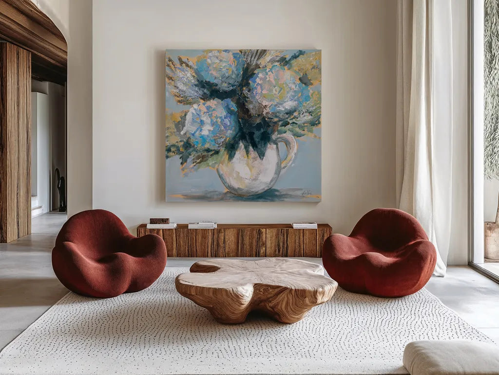 Blue Charm by Jeanette Vertentes. Shown as extra-large giant wall art in a modern living room. Available as an archival giclee rolled canvas, fine art paper, or poster print. SKU 85013a.