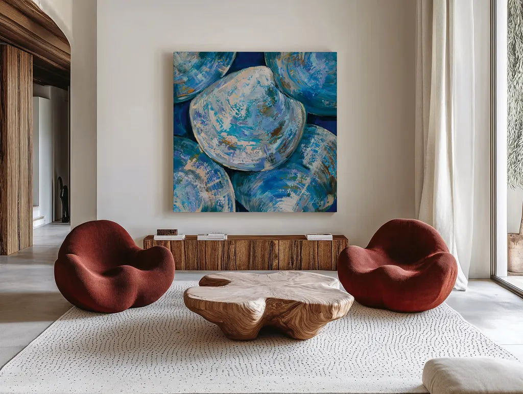 Blue Cherry Stones by Jeanette Vertentes. Shown as extra-large giant wall art in a modern living room. Available as an archival giclee rolled canvas, fine art paper, or poster print. SKU 74813a.