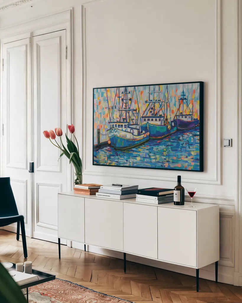 Boats in Harbor by Jeanette Vertentes. shown as a framed stretched canvas in a living room above a console. Available as a archival giclee rolled canvas, fine art paper, or poster print. SKU 80792i.