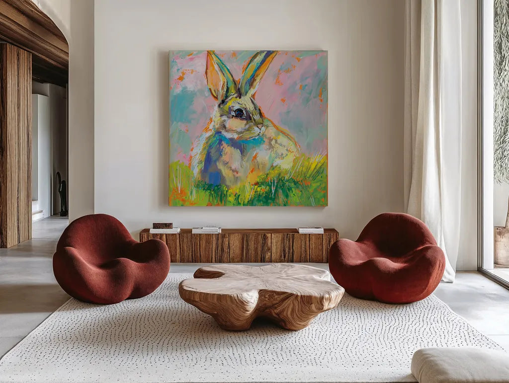 Bugsy by Jeanette Vertentes. Shown as extra-large giant wall art in a modern living room. Available as an archival giclee rolled canvas, fine art paper, or poster print. SKU 71462a.