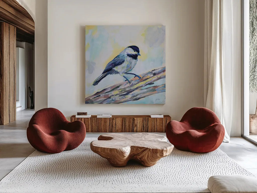 Chickadee by Jeanette Vertentes. Shown as extra-large giant wall art in a modern living room. Available as an archival giclee rolled canvas, fine art paper, or poster print. SKU 63458a.