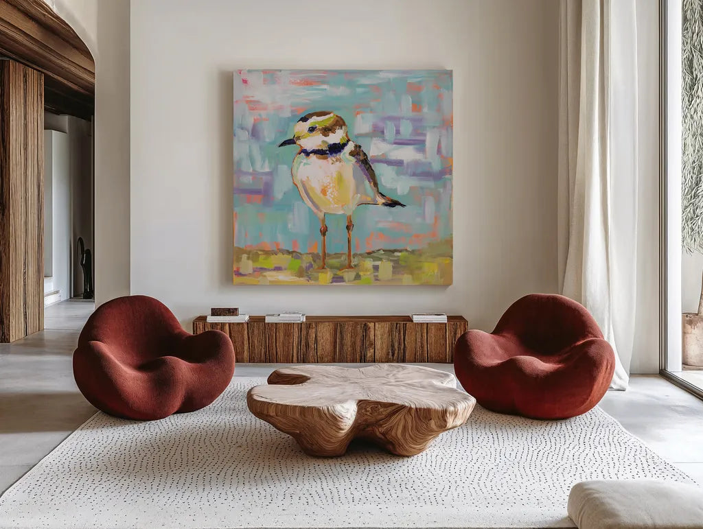 Coastal Plover II by Jeanette Vertentes. Shown as extra-large giant wall art in a modern living room. Available as an archival giclee rolled canvas, fine art paper, or poster print. SKU 55180a.