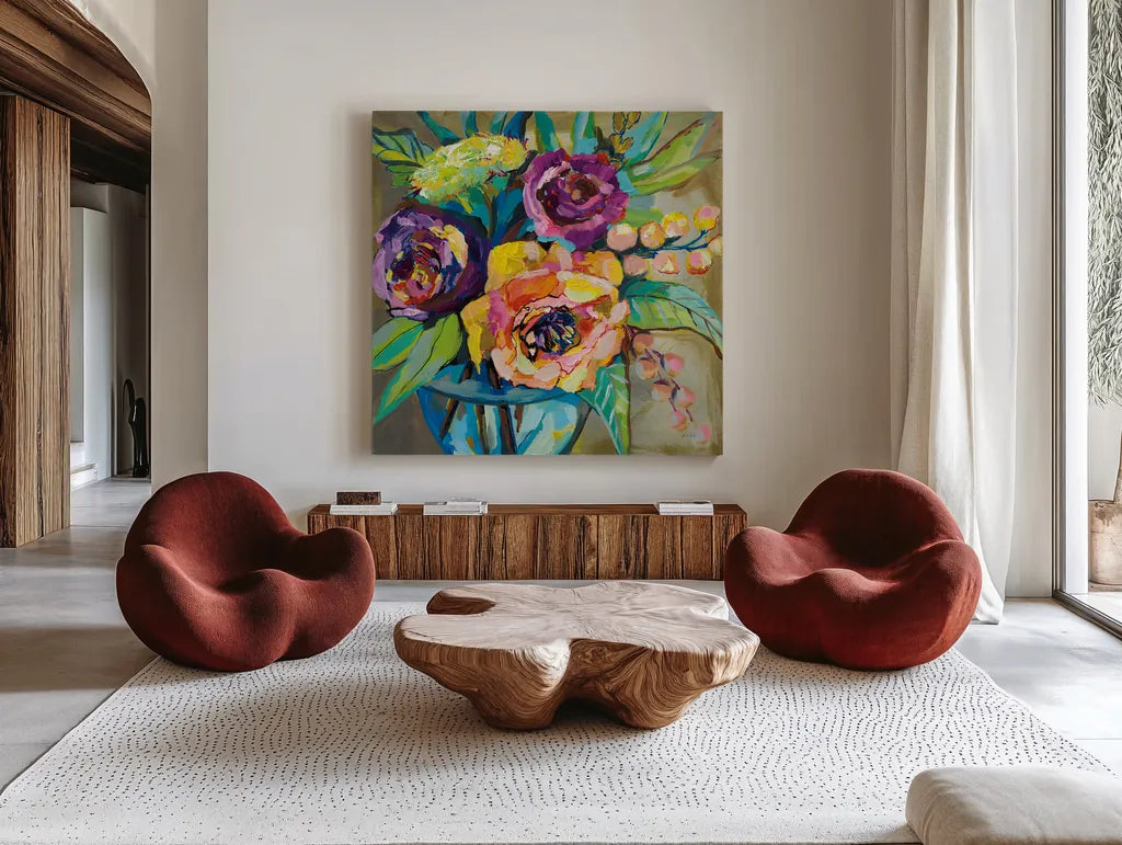 Coffee Break by Jeanette Vertentes. Shown as extra-large giant wall art in a modern living room. Available as an archival giclee rolled canvas, fine art paper, or poster print. SKU 53179a.
