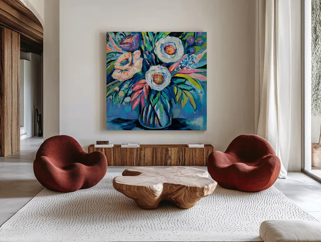 Confetti by Jeanette Vertentes. Shown as extra-large giant wall art in a modern living room. Available as an archival giclee rolled canvas, fine art paper, or poster print. SKU 74831a.