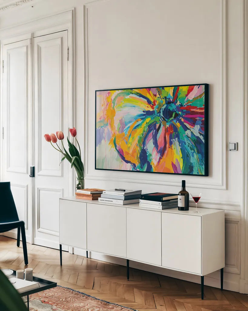 Engaging Crop by Jeanette Vertentes. shown as a framed stretched canvas in a living room above a console. Available as a archival giclee rolled canvas, fine art paper, or poster print. SKU 64385i.