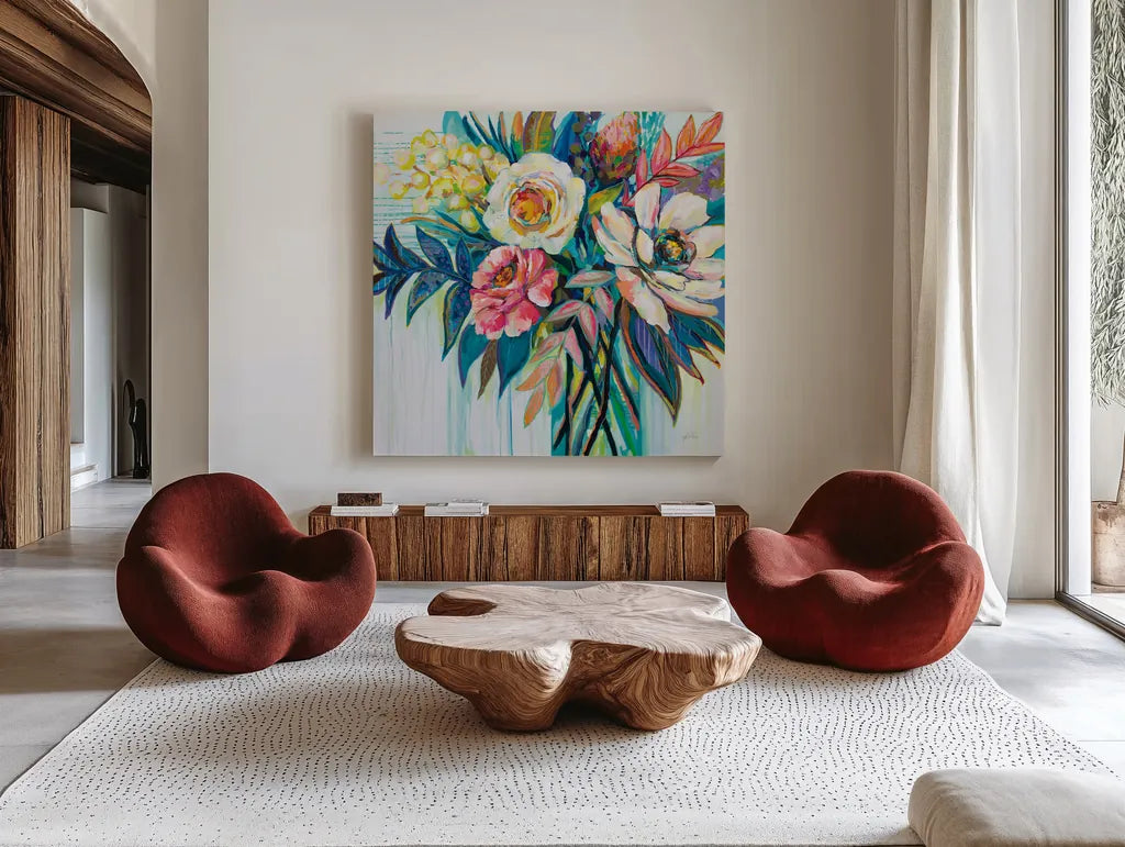 First Date by Jeanette Vertentes. Shown as extra-large giant wall art in a modern living room. Available as an archival giclee rolled canvas, fine art paper, or poster print. SKU 56807a.
