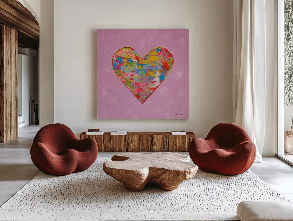 First Love on Pink by Jeanette Vertentes. Shown as extra-large giant wall art in a modern living room. Available as an archival giclee rolled canvas, fine art paper, or poster print. SKU 78560a.