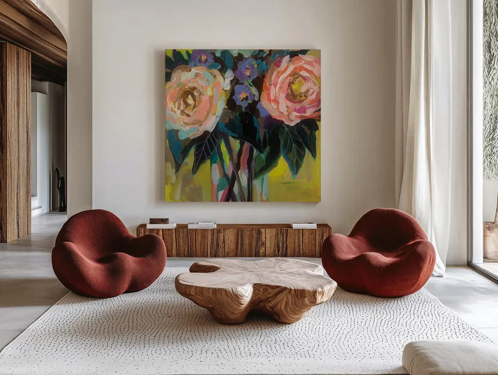 Happy Couple by Jeanette Vertentes. Shown as extra-large giant wall art in a modern living room. Available as an archival giclee rolled canvas, fine art paper, or poster print. SKU 49350a.