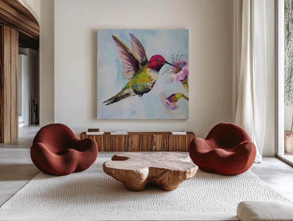 Hummingbird I by Jeanette Vertentes. Shown as extra-large giant wall art in a modern living room. Available as an archival giclee rolled canvas, fine art paper, or poster print. SKU 63454a.