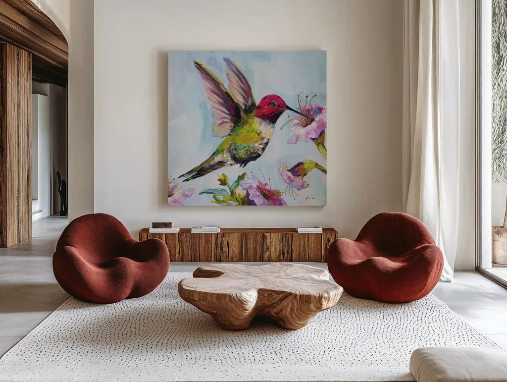 Hummingbird I Florals by Jeanette Vertentes. Shown as extra-large giant wall art in a modern living room. Available as an archival giclee rolled canvas, fine art paper, or poster print. SKU 63688a.
