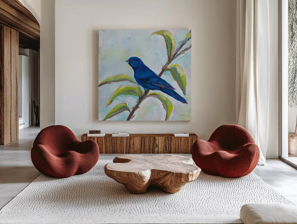 Indigo Bunting by Jeanette Vertentes. Shown as extra-large giant wall art in a modern living room. Available as an archival giclee rolled canvas, fine art paper, or poster print. SKU 63459a.