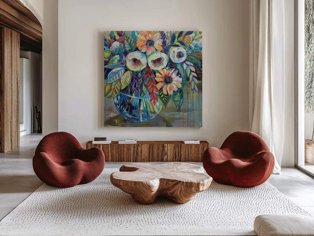 Joy by Jeanette Vertentes. Shown as extra-large giant wall art in a modern living room. Available as an archival giclee rolled canvas, fine art paper, or poster print. SKU 53467a.