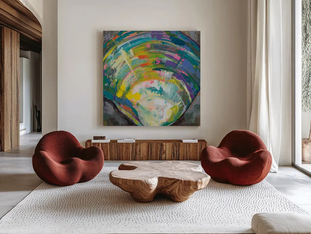 Lilly Quahog by Jeanette Vertentes. Shown as extra-large giant wall art in a modern living room. Available as an archival giclee rolled canvas, fine art paper, or poster print. SKU 55493a.