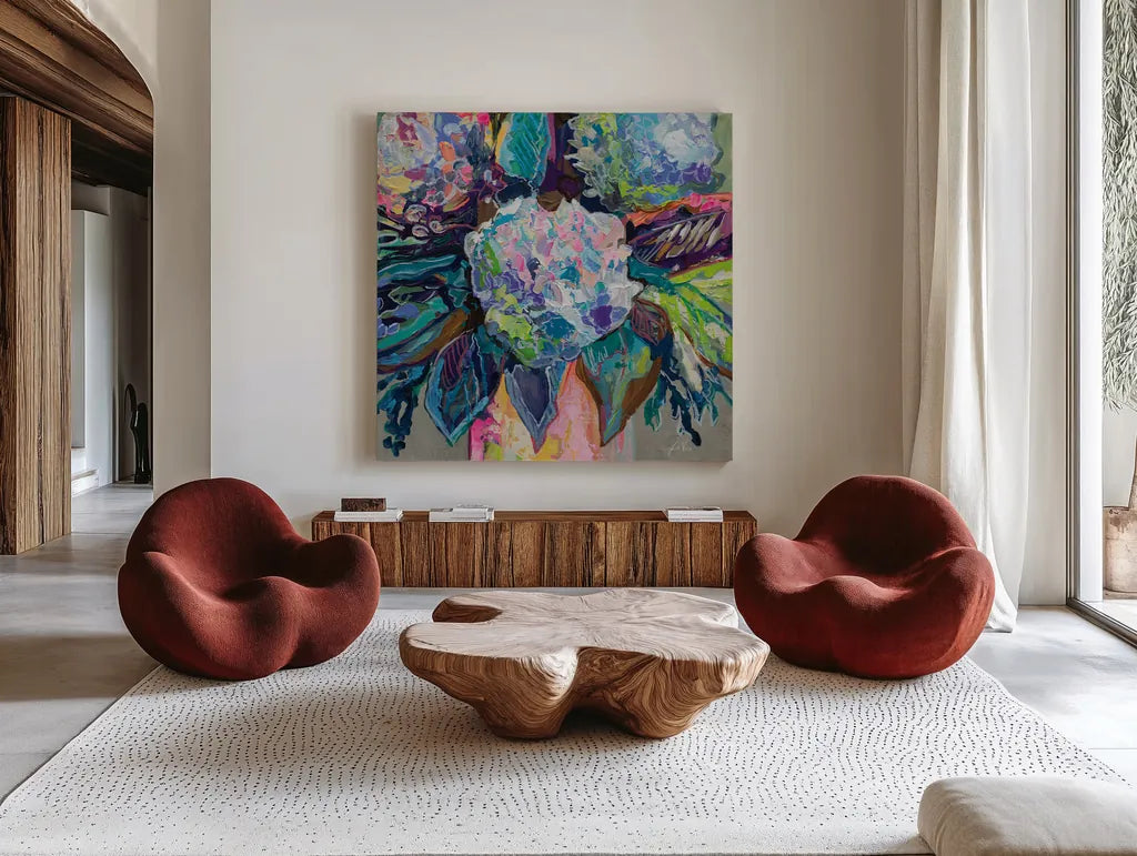 Love that Gives by Jeanette Vertentes. Shown as extra-large giant wall art in a modern living room. Available as an archival giclee rolled canvas, fine art paper, or poster print. SKU 97009a.