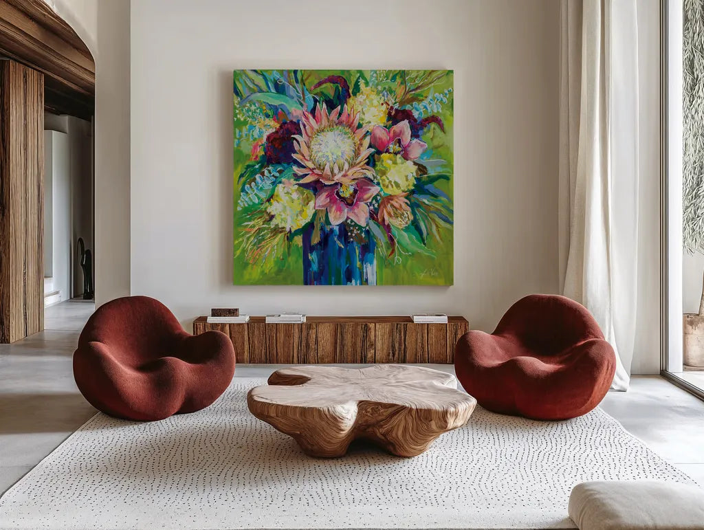 Marias Bouquet by Jeanette Vertentes. Shown as extra-large giant wall art in a modern living room. Available as an archival giclee rolled canvas, fine art paper, or poster print. SKU 78266a.