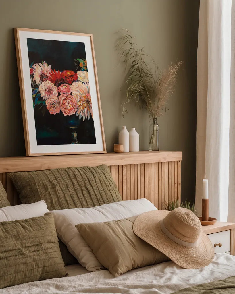 Newport Bouquet by Jeanette Vertentes. shown as a paper print in a natural frame. Available as a archival giclee rolled canvas, fine art paper, or poster print. SKU 49353h.