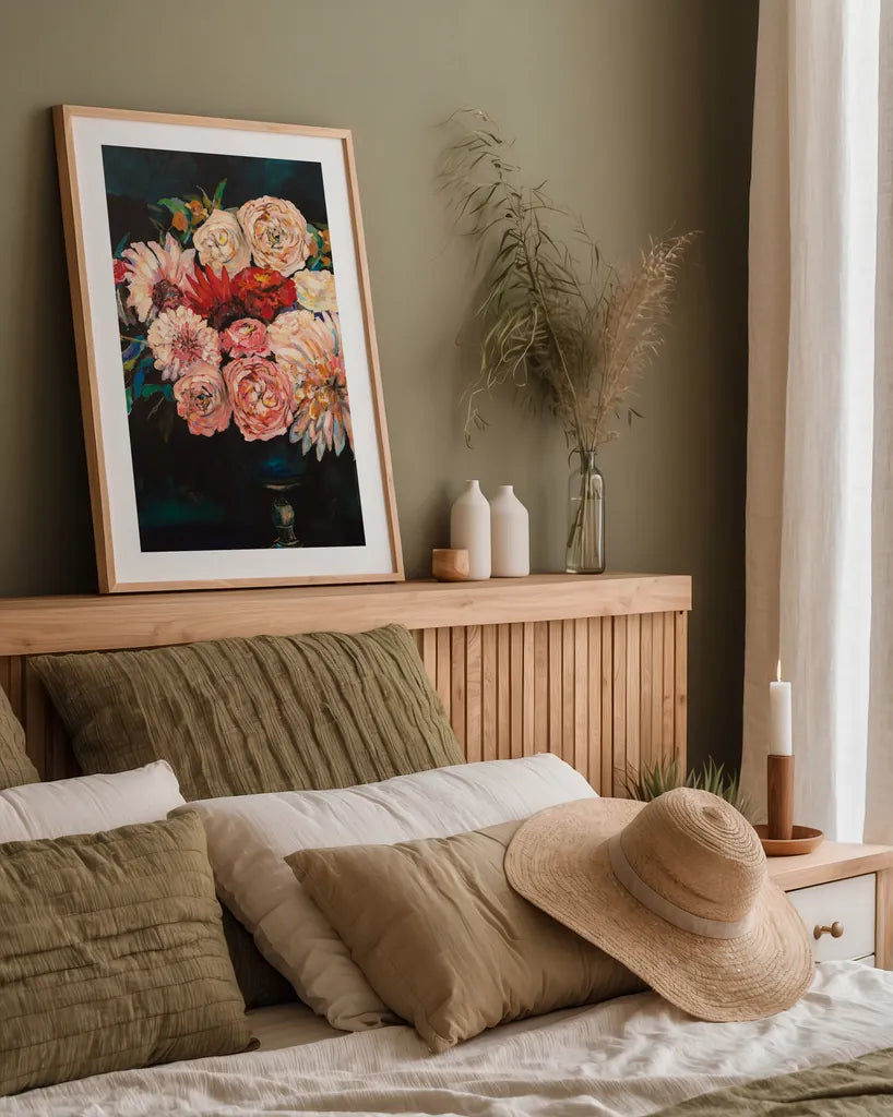 Newport Bouquet v2 by Jeanette Vertentes. shown as a paper print in a natural frame. Available as a archival giclee rolled canvas, fine art paper, or poster print. SKU 51149h.