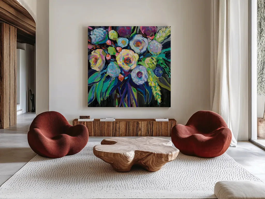 Nighttime Dark by Jeanette Vertentes. Shown as extra-large giant wall art in a modern living room. Available as an archival giclee rolled canvas, fine art paper, or poster print. SKU 72304a.