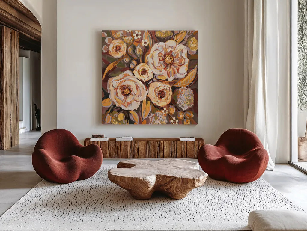 Ocean House Fall by Jeanette Vertentes. Shown as extra-large giant wall art in a modern living room. Available as an archival giclee rolled canvas, fine art paper, or poster print. SKU 56481a.