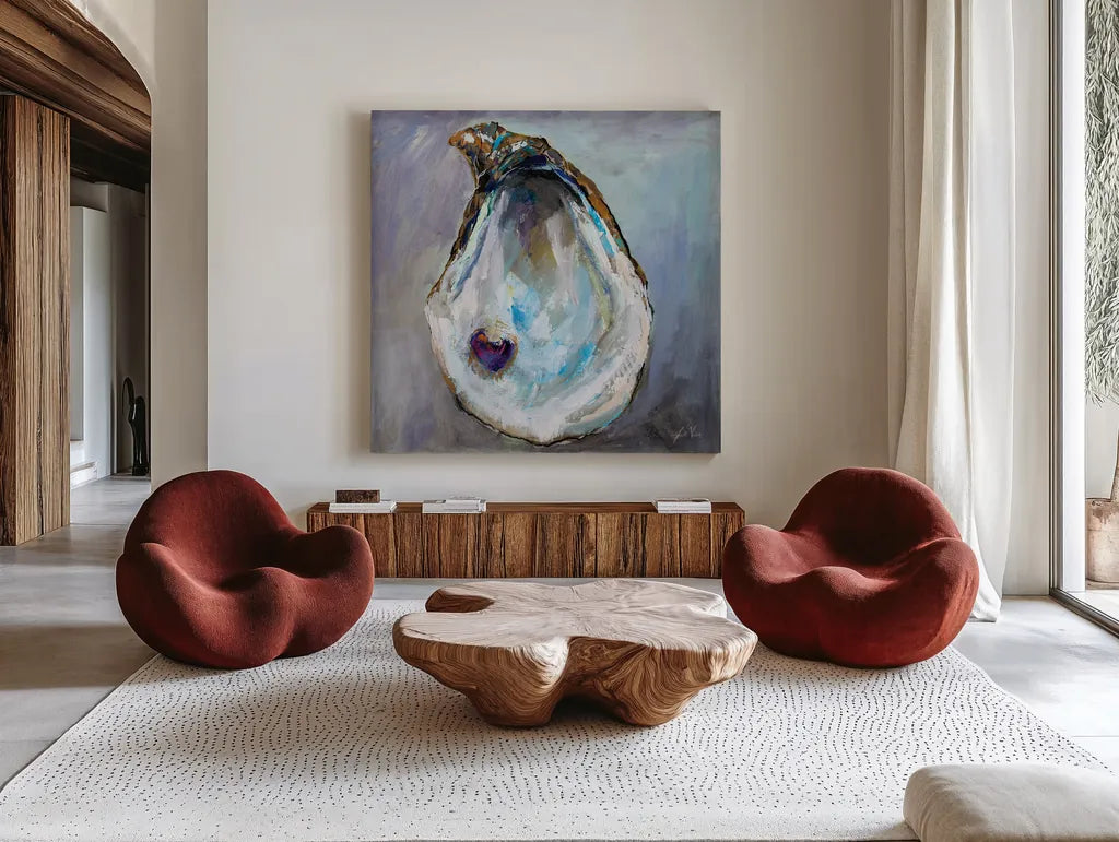Open Heart by Jeanette Vertentes. Shown as extra-large giant wall art in a modern living room. Available as an archival giclee rolled canvas, fine art paper, or poster print. SKU 83415a.