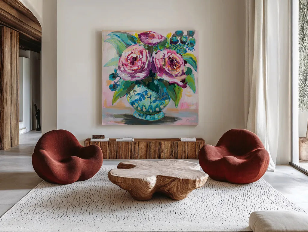 Pink Peonies II by Jeanette Vertentes. Shown as extra-large giant wall art in a modern living room. Available as an archival giclee rolled canvas, fine art paper, or poster print. SKU 60525a.