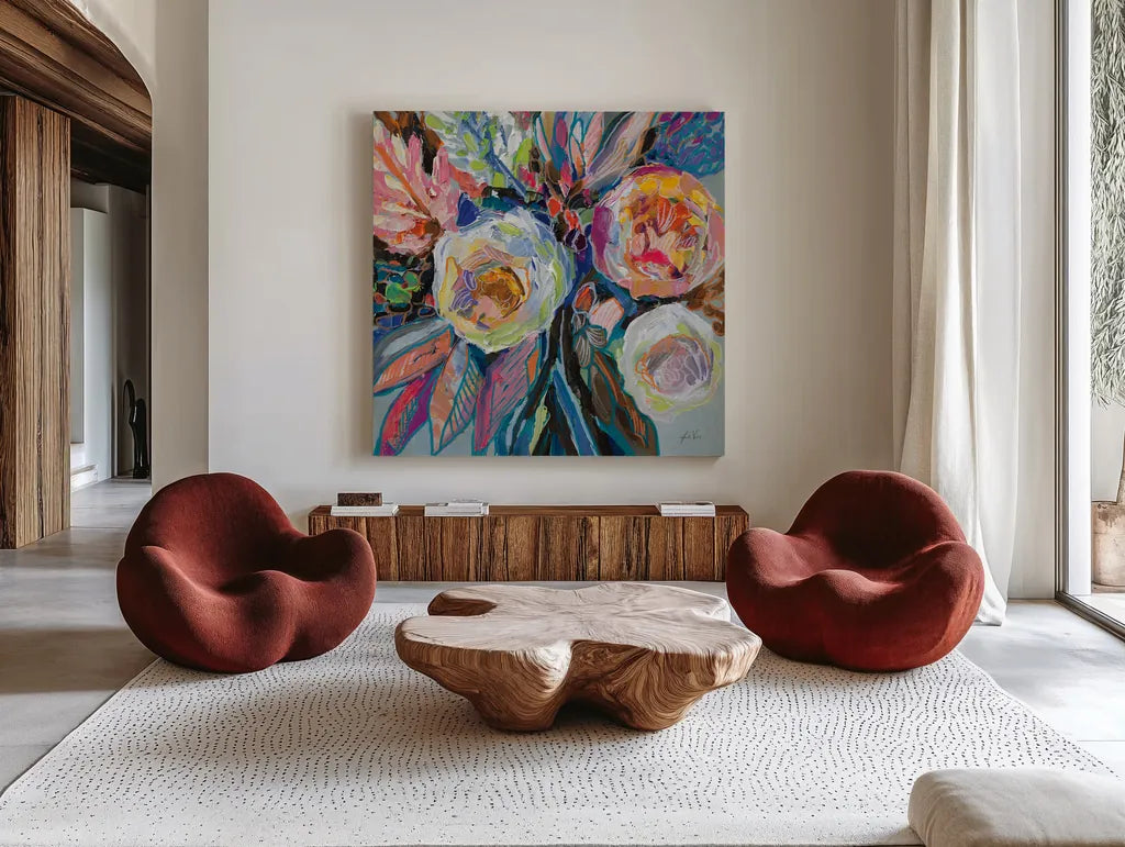 Positively by Jeanette Vertentes. Shown as extra-large giant wall art in a modern living room. Available as an archival giclee rolled canvas, fine art paper, or poster print. SKU 100164a.