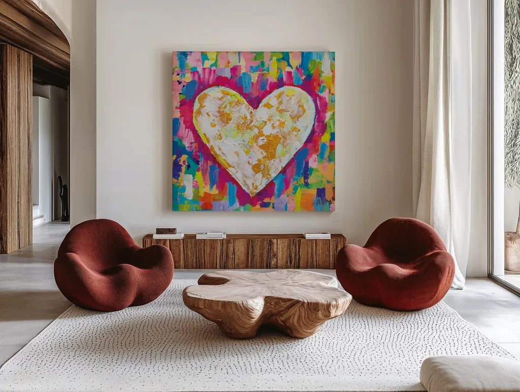 Pure Love Bright by Jeanette Vertentes. Shown as extra-large giant wall art in a modern living room. Available as an archival giclee rolled canvas, fine art paper, or poster print. SKU 85470a.
