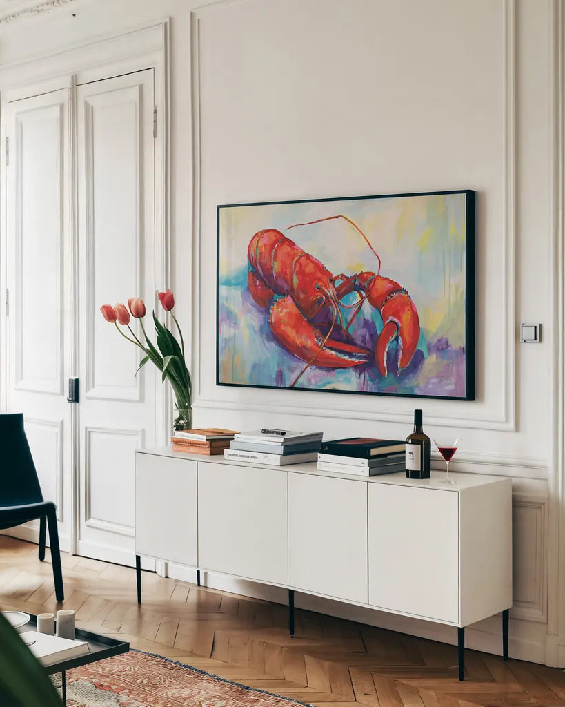 Red Lobster by Jeanette Vertentes. shown as a framed stretched canvas in a living room above a console. Available as a archival giclee rolled canvas, fine art paper, or poster print. SKU 92259i.