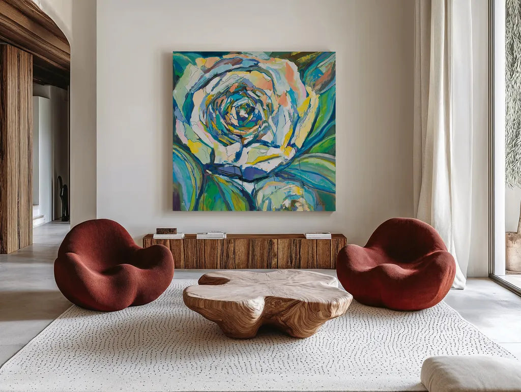 Rose by Jeanette Vertentes. Shown as extra-large giant wall art in a modern living room. Available as an archival giclee rolled canvas, fine art paper, or poster print. SKU 67251a.