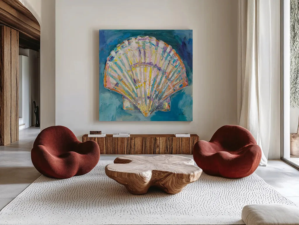 Scallop Shell Crop by Jeanette Vertentes. Shown as extra-large giant wall art in a modern living room. Available as an archival giclee rolled canvas, fine art paper, or poster print. SKU 69366a.