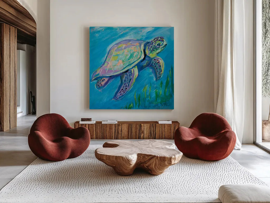 Sea Turtle Swim by Jeanette Vertentes. Shown as extra-large giant wall art in a modern living room. Available as an archival giclee rolled canvas, fine art paper, or poster print. SKU 69368a.