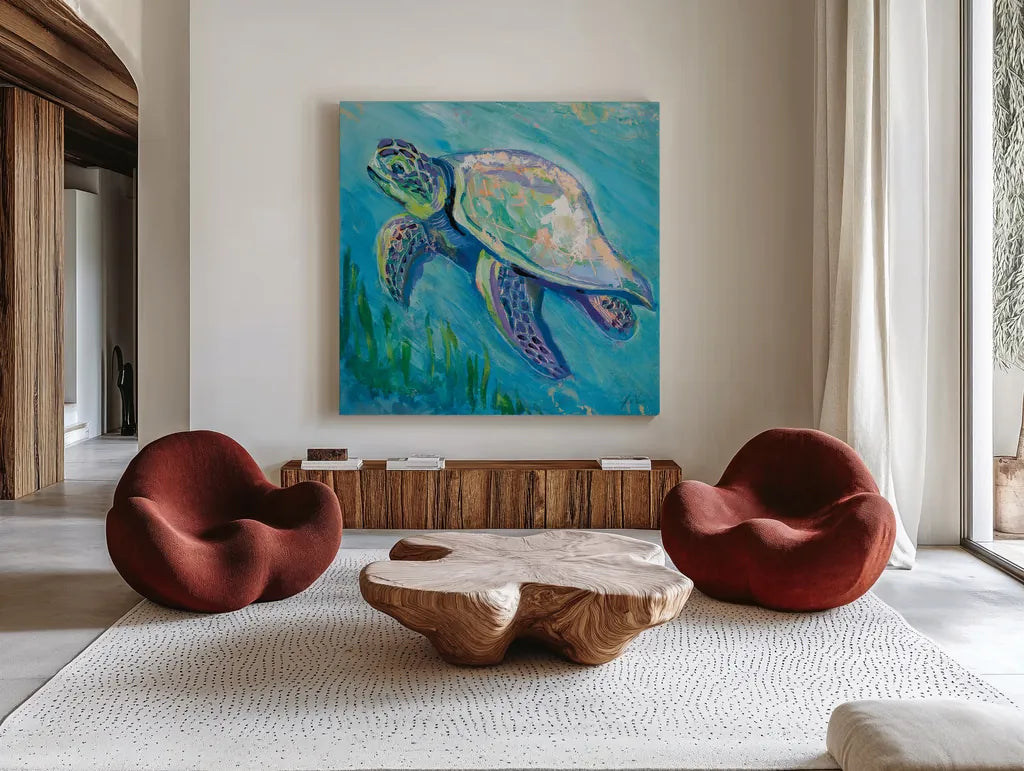 Sea Turtle Swim Light Flipped by Jeanette Vertentes. Shown as extra-large giant wall art in a modern living room. Available as an archival giclee rolled canvas, fine art paper, or poster print. SKU 75514a.