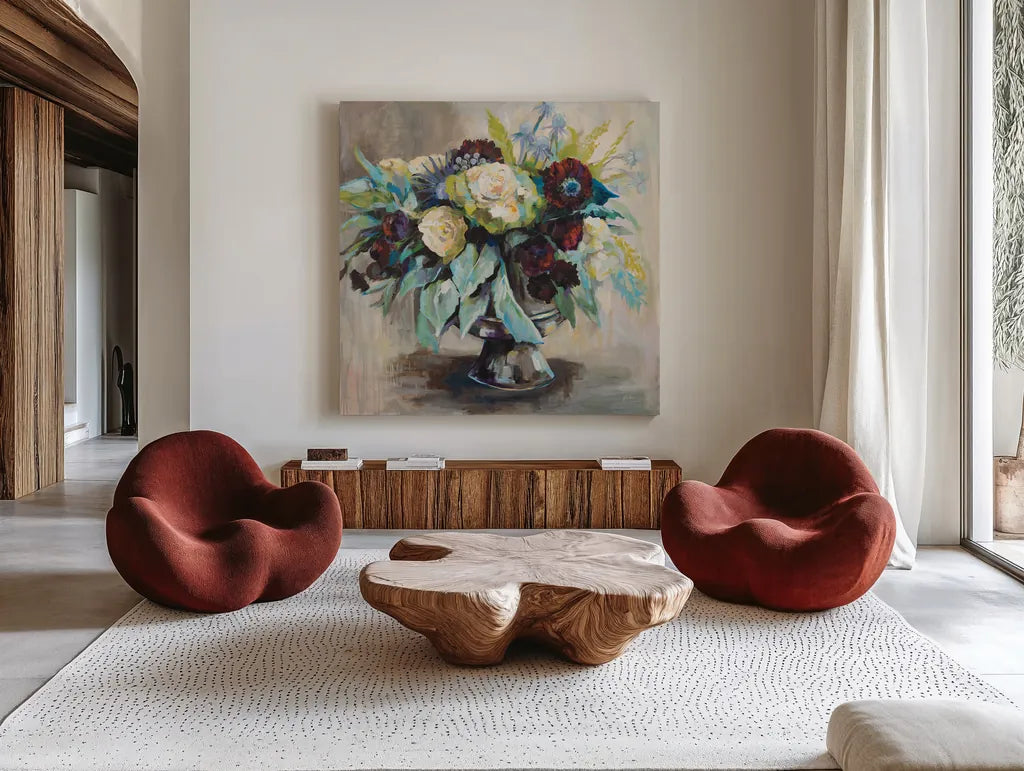 Serenity by Jeanette Vertentes. Shown as extra-large giant wall art in a modern living room. Available as an archival giclee rolled canvas, fine art paper, or poster print. SKU 49139a.