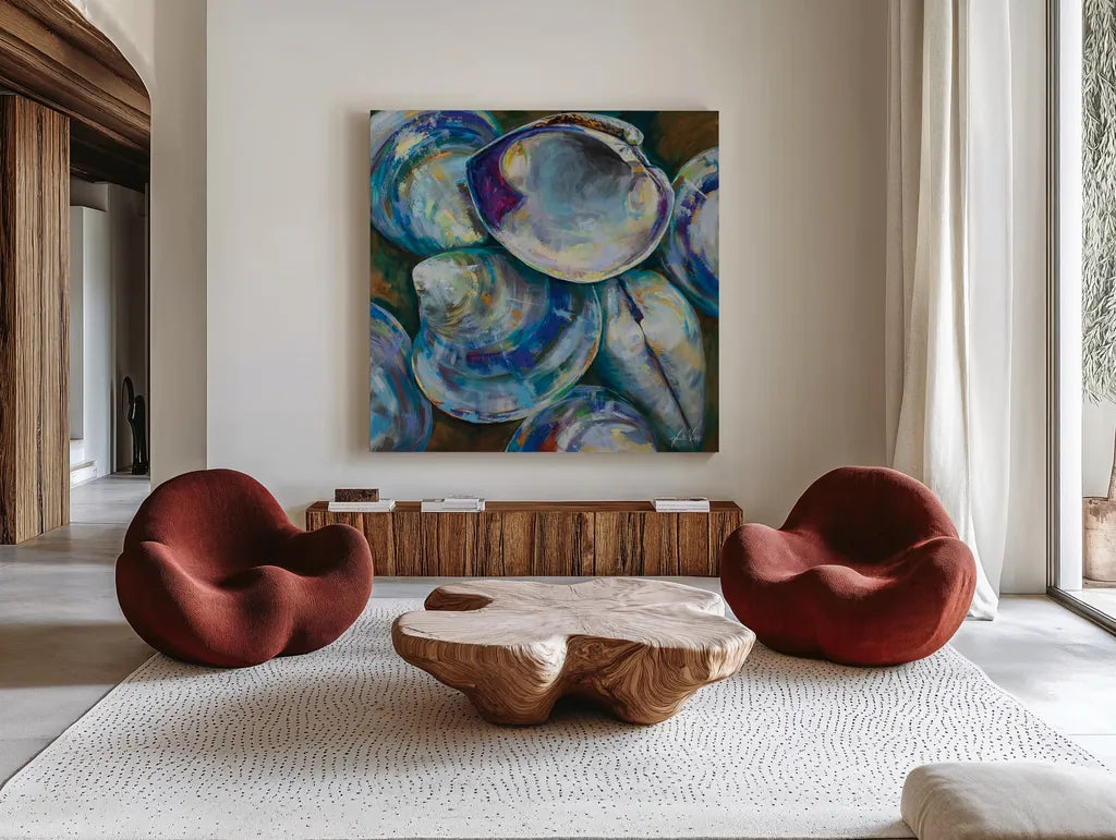 Shell Shuffle by Jeanette Vertentes. Shown as extra-large giant wall art in a modern living room. Available as an archival giclee rolled canvas, fine art paper, or poster print. SKU 72148a.