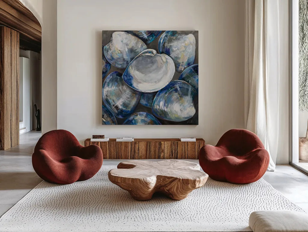 Shucks Its Monday by Jeanette Vertentes. Shown as extra-large giant wall art in a modern living room. Available as an archival giclee rolled canvas, fine art paper, or poster print. SKU 85010a.