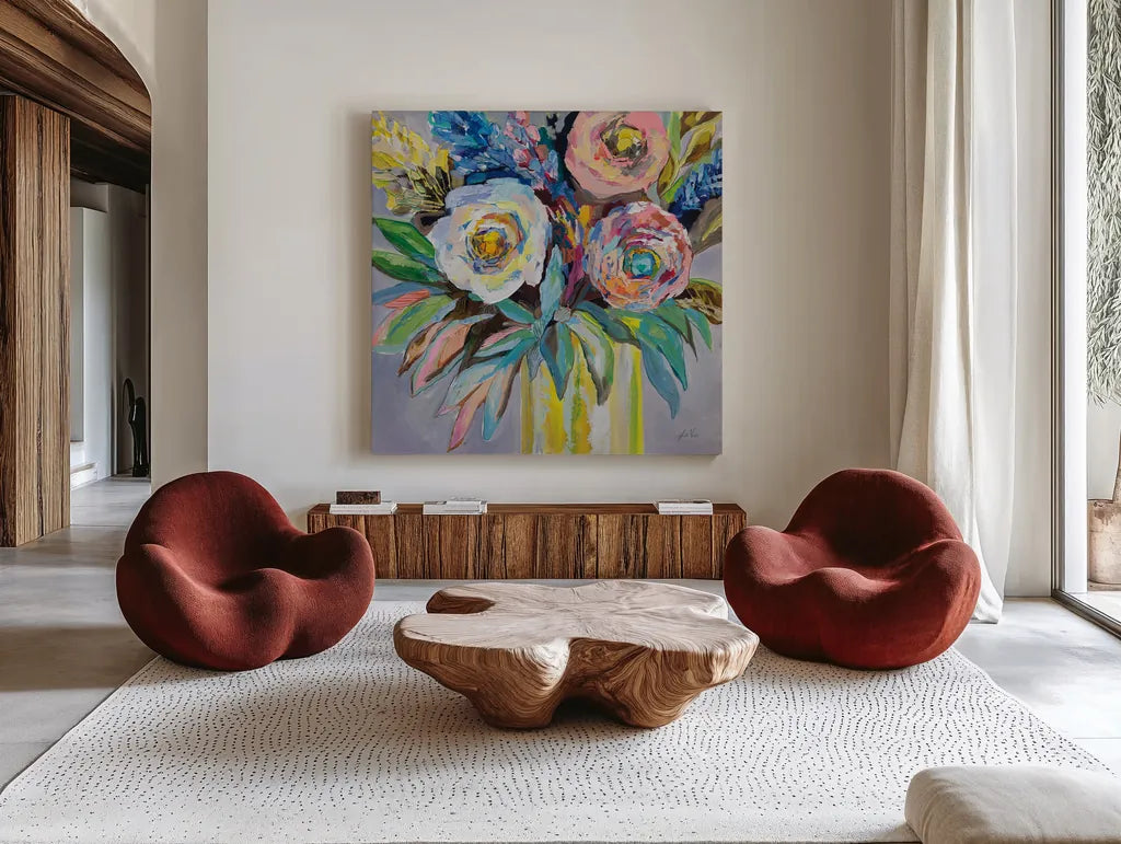 Summer Gifts by Jeanette Vertentes. Shown as extra-large giant wall art in a modern living room. Available as an archival giclee rolled canvas, fine art paper, or poster print. SKU 100305a.