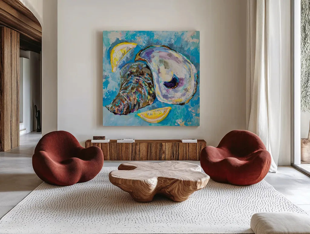 Tasty by Jeanette Vertentes. Shown as extra-large giant wall art in a modern living room. Available as an archival giclee rolled canvas, fine art paper, or poster print. SKU 74835a.
