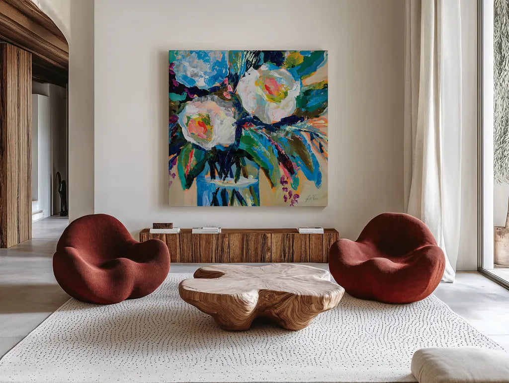Wall Flowers by Jeanette Vertentes. Shown as extra-large giant wall art in a modern living room. Available as an archival giclee rolled canvas, fine art paper, or poster print. SKU 80582a.