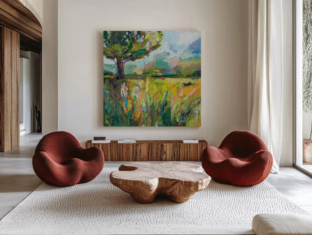 Wildflowers by Jeanette Vertentes. Shown as extra-large giant wall art in a modern living room. Available as an archival giclee rolled canvas, fine art paper, or poster print. SKU 59578a.