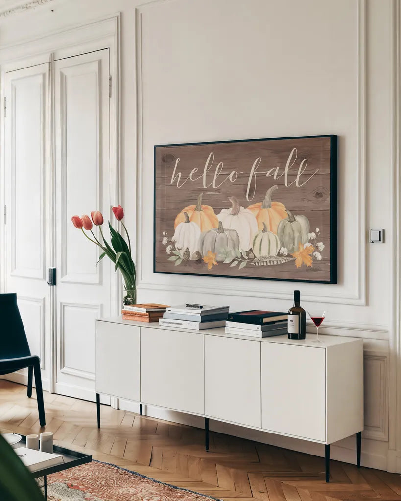 Autumn Offering III Dark by Jenaya Jackson. shown as a framed stretched canvas in a living room above a console. Available as a archival giclee rolled canvas, fine art paper, or poster print. SKU 47595i.