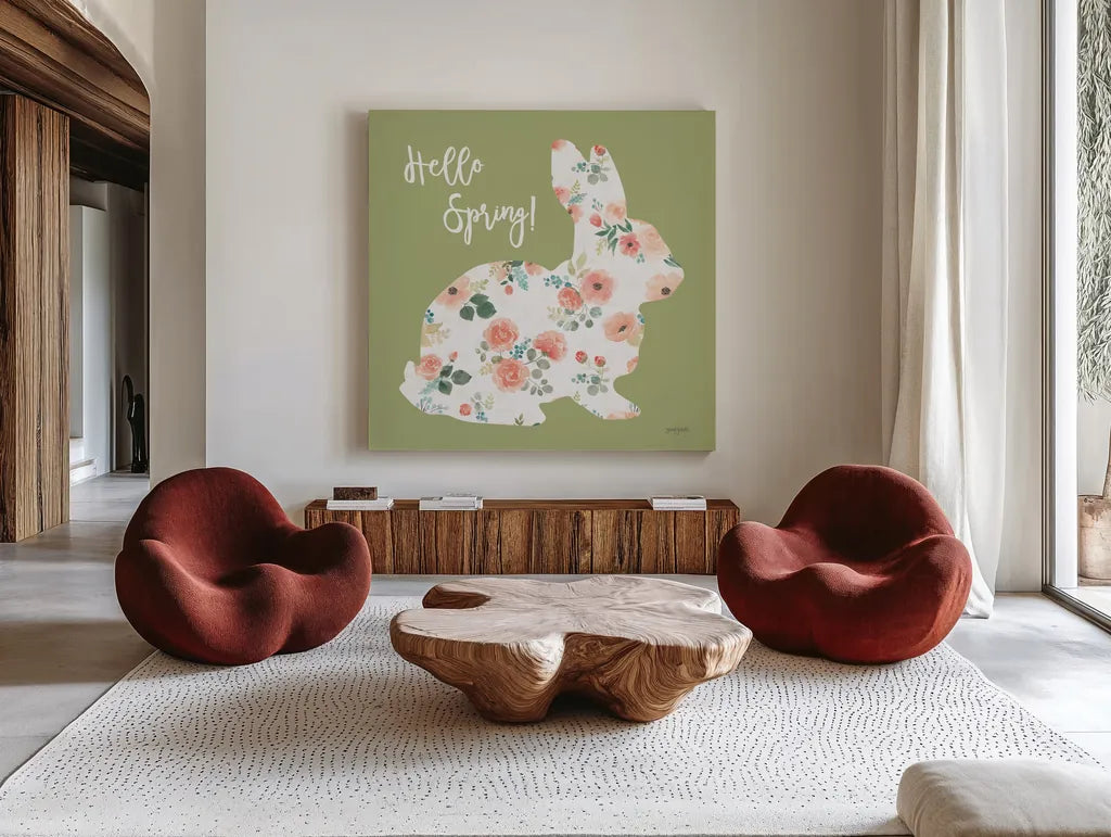 Blooming Delight Bunny II Spring by Jenaya Jackson. Shown as extra-large giant wall art in a modern living room. Available as an archival giclee rolled canvas, fine art paper, or poster print. SKU 89674a.