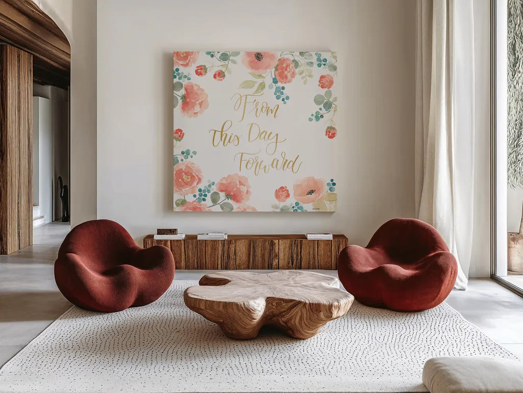 Blooming Delight IV White by Jenaya Jackson. Shown as extra-large giant wall art in a modern living room. Available as an archival giclee rolled canvas, fine art paper, or poster print. SKU 47629a.