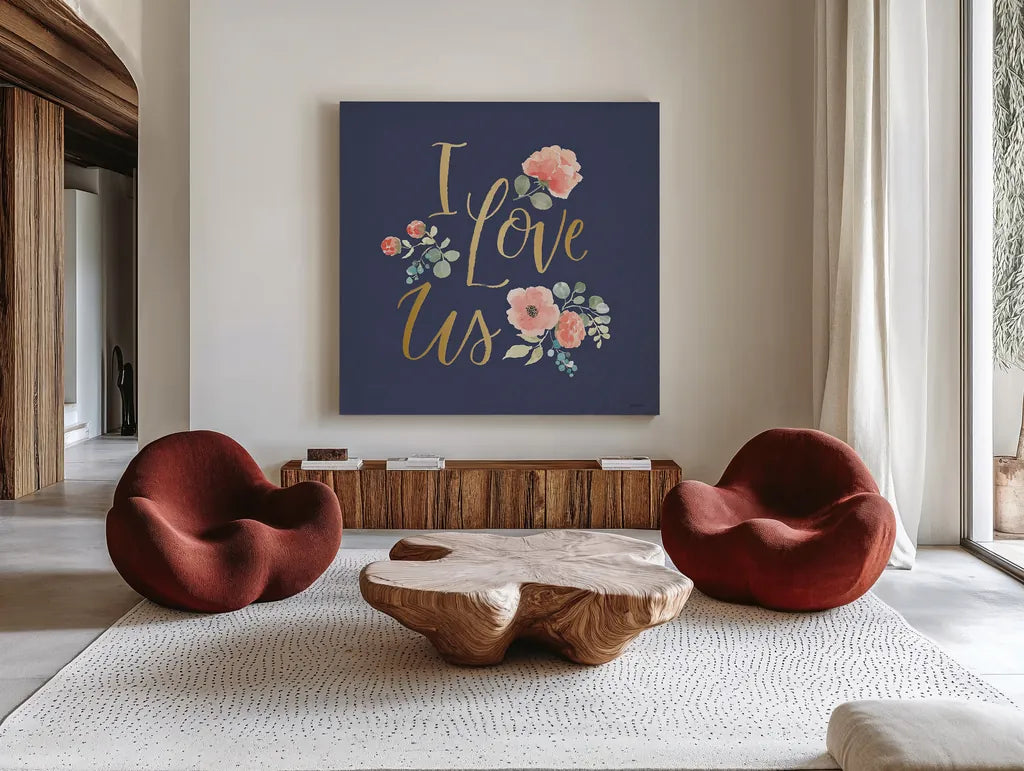 Blooming Delight VI Blue by Jenaya Jackson. Shown as extra-large giant wall art in a modern living room. Available as an archival giclee rolled canvas, fine art paper, or poster print. SKU 47624a.